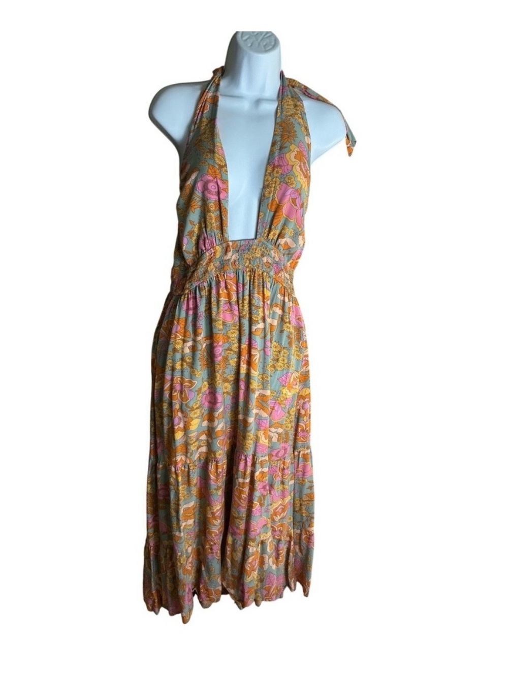Zesica Floral Halter Maxi Dress Retro 70s Boho Deep V-Neck Tiered Blue Orange L